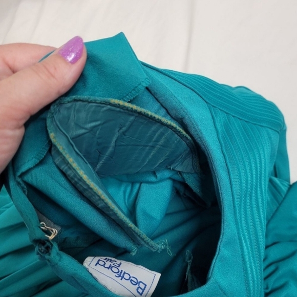 VINTAGE 90s dress teal long sleeve pleated midi M - Picture 7 of 10